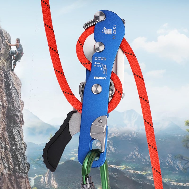 REISIO Climbing Stop Descender for 9-12mm,Self-Braking Self Locking Belay Device Rescue Equipment Hand Controls with Mountain Climbing Cave Rappelling Aerial Work Rescue Activities (Black) - Image 1